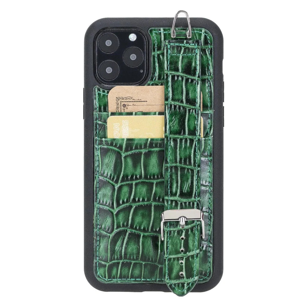 Bouletta Flexible Leather Back Cover with Hand Strap for iPhone 11 Series iPhone 11 Pro Max / Crocodile Green